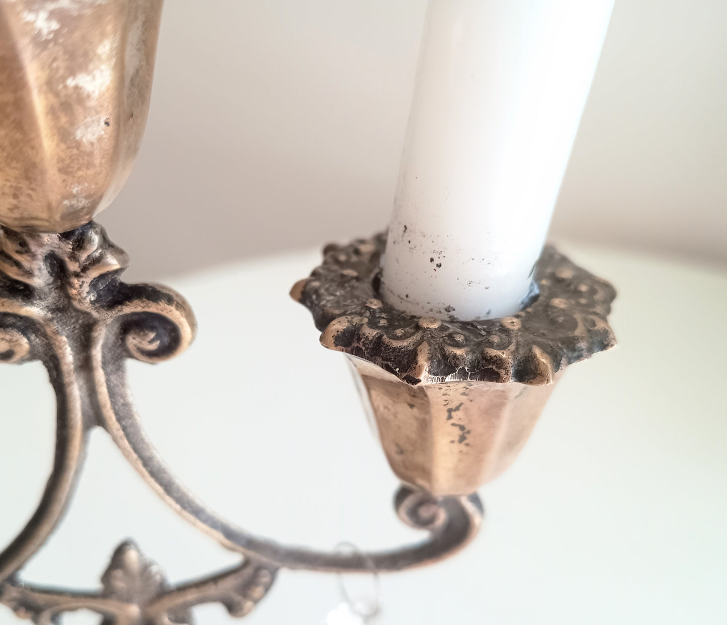 Vintage Art Nouveau 3 Arm Brass Candelabra, Romantic Crystal Prisms, 1900