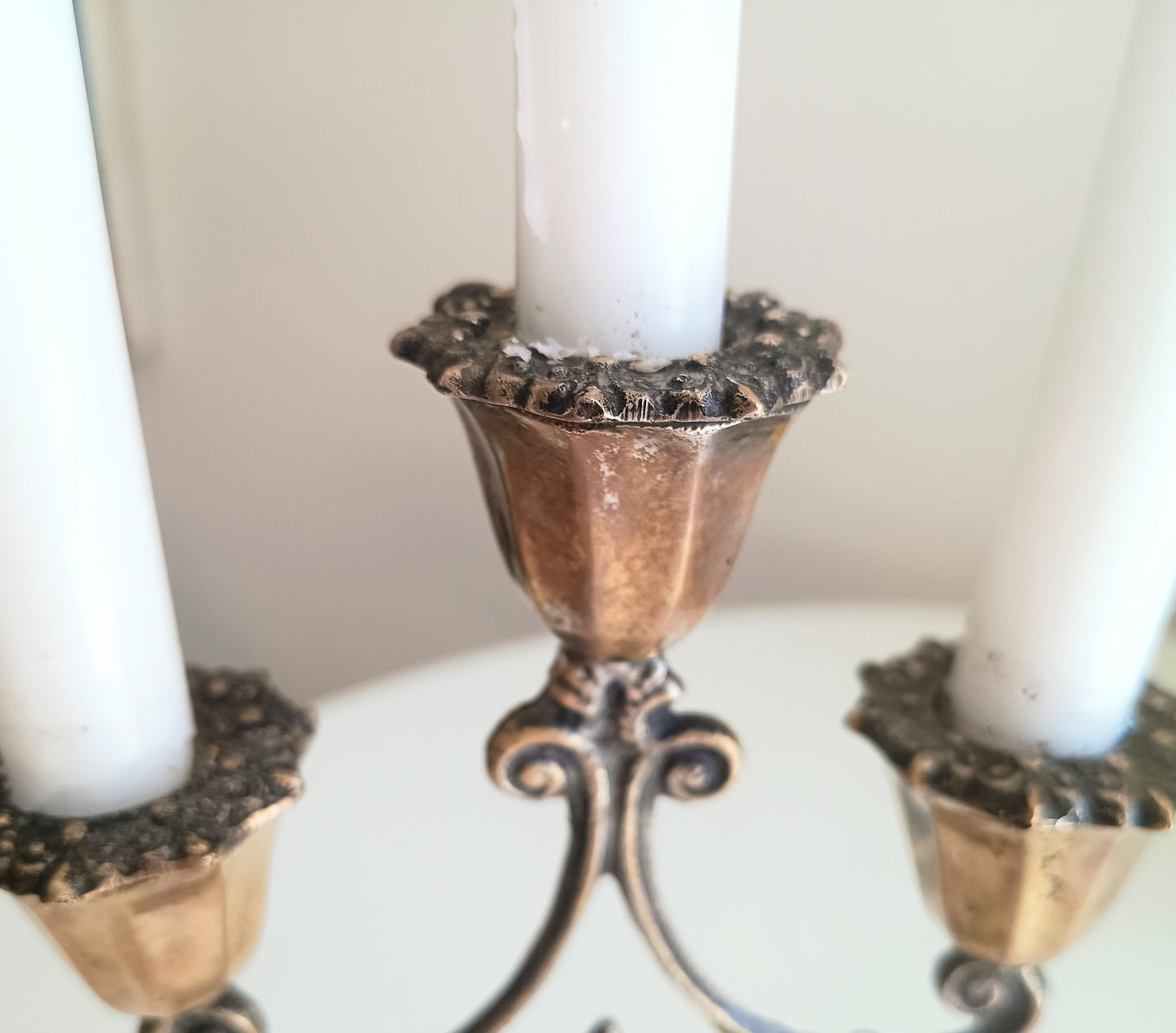Vintage Art Nouveau 3 Arm Brass Candelabra, Romantic Crystal Prisms, 1900