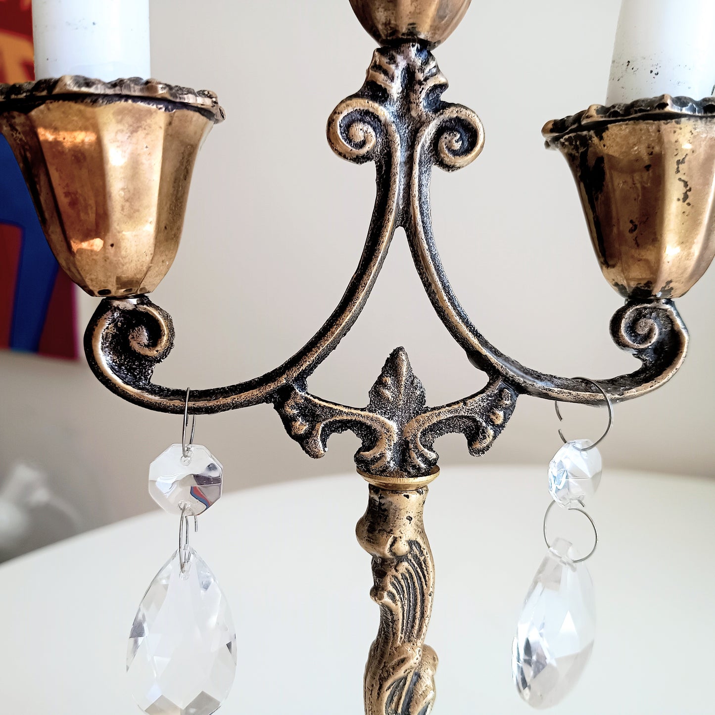 Vintage Art Nouveau 3 Arm Brass Candelabra, Romantic Crystal Prisms, 1900