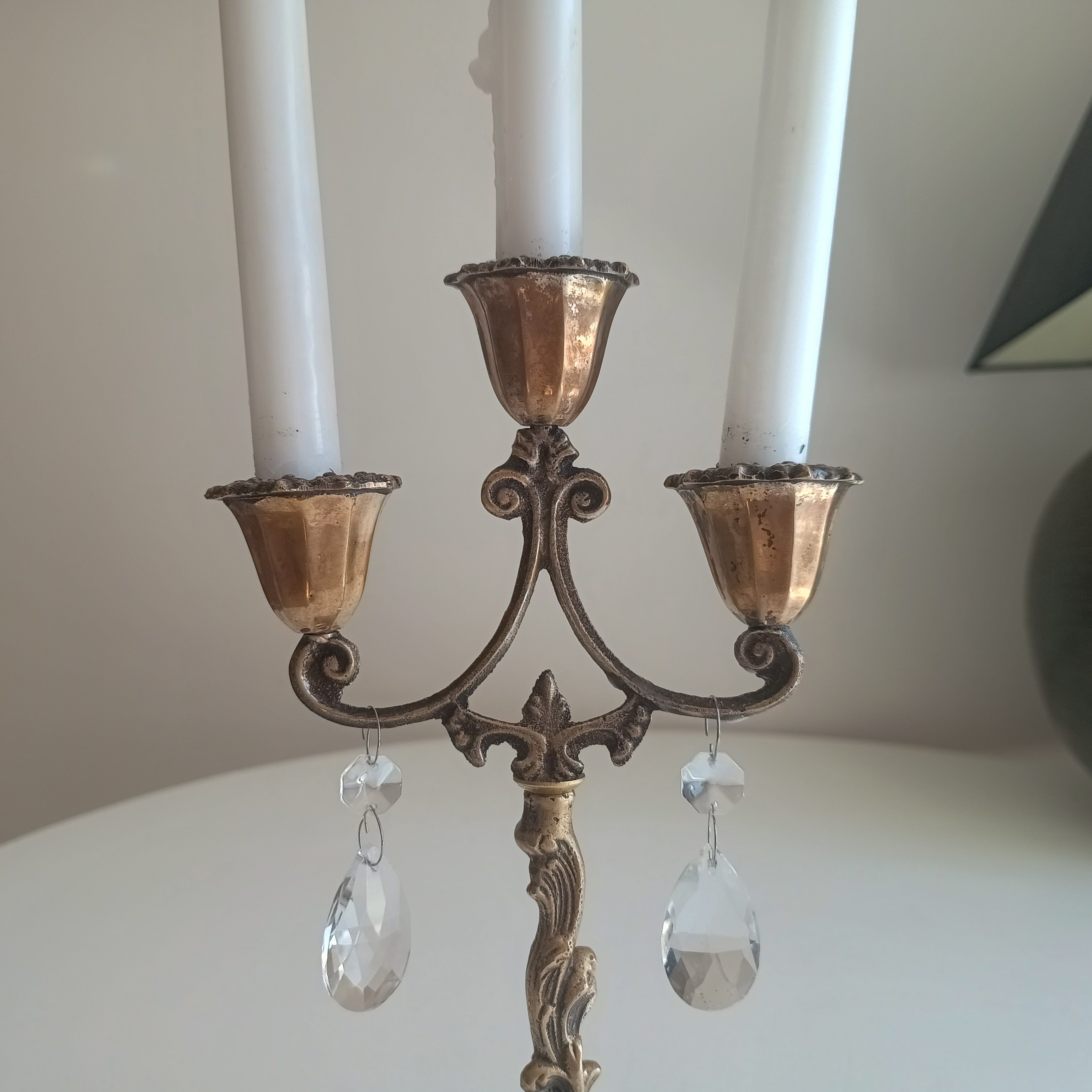 Vintage Art Nouveau 3 Arm Brass Candelabra, Romantic Crystal