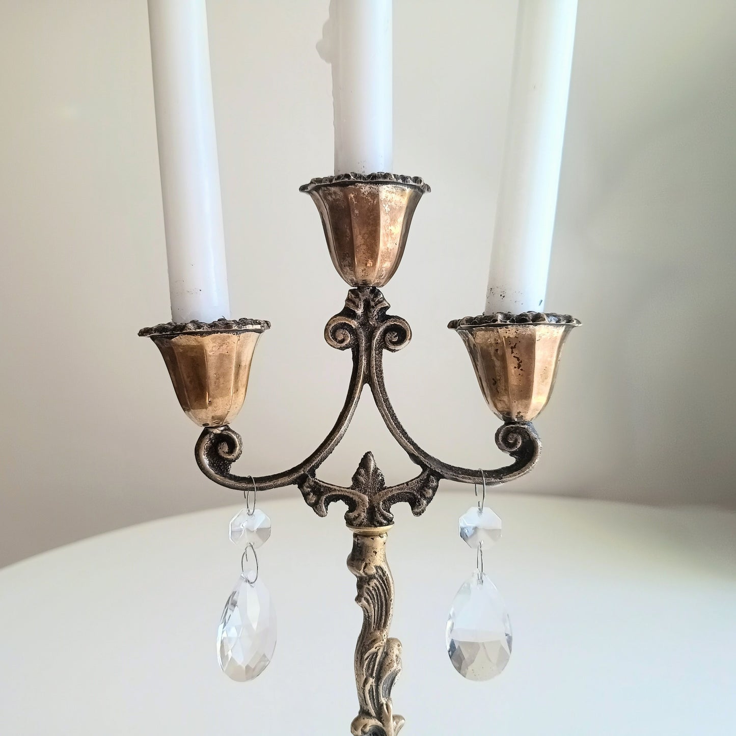 Vintage Art Nouveau 3 Arm Brass Candelabra, Romantic Crystal Prisms, 1900
