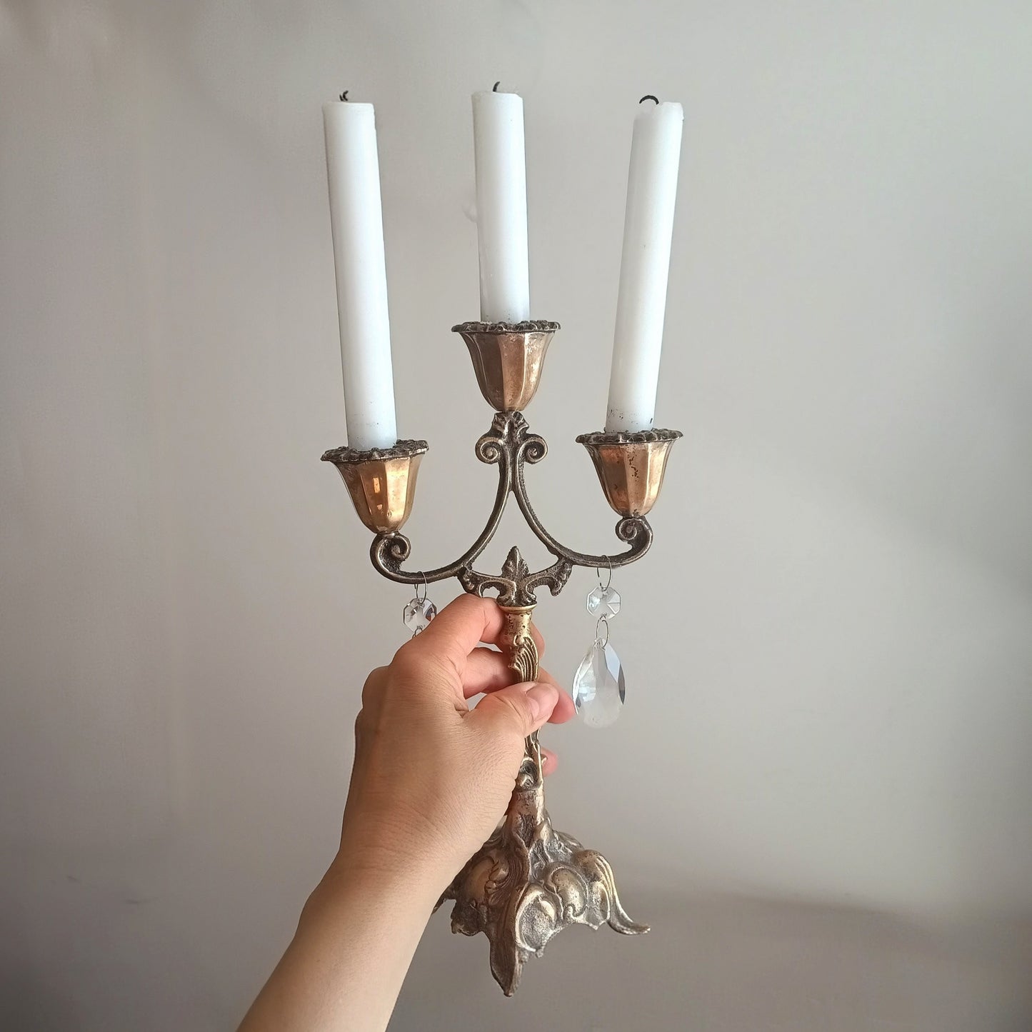 Vintage Art Nouveau 3 Arm Brass Candelabra, Romantic Crystal Prisms, 1900