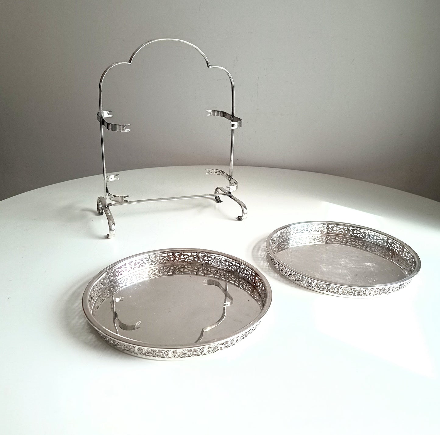 Vintage English Art Deco Silver Plated Cake Stand: Adolph Scott Birmingham, Removable Trays
