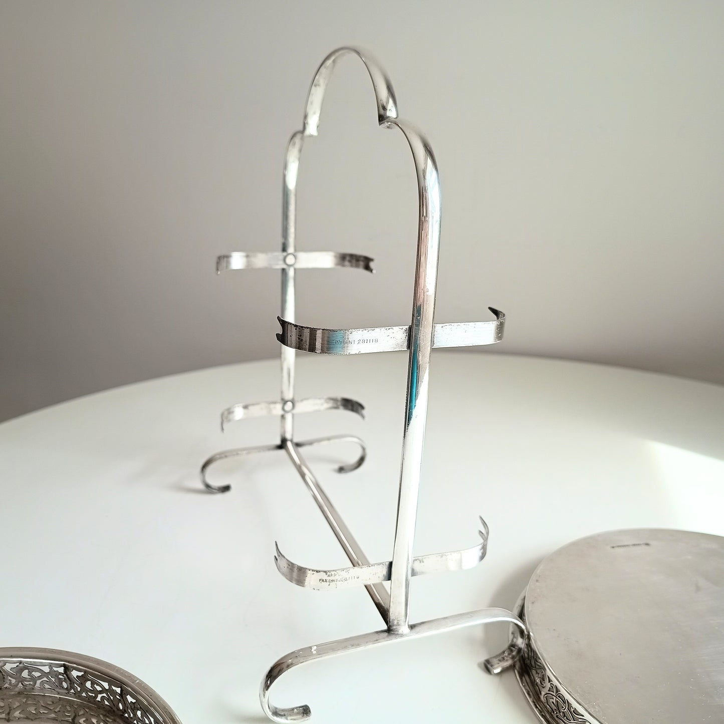 Vintage English Art Deco Silver Plated Cake Stand: Adolph Scott Birmingham, Removable Trays
