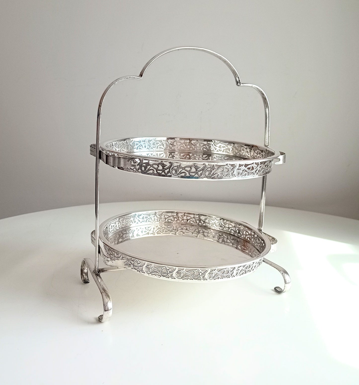 Vintage English Art Deco Silver Plated Cake Stand: Adolph Scott Birmingham, Removable Trays