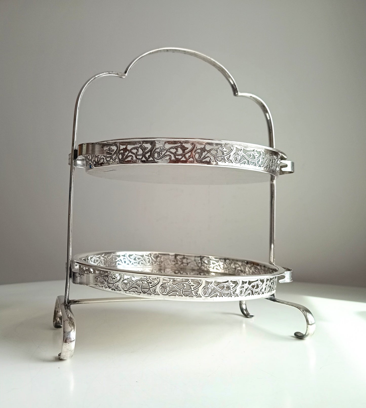 Vintage English Art Deco Silver Plated Cake Stand: Adolph Scott Birmingham, Removable Trays