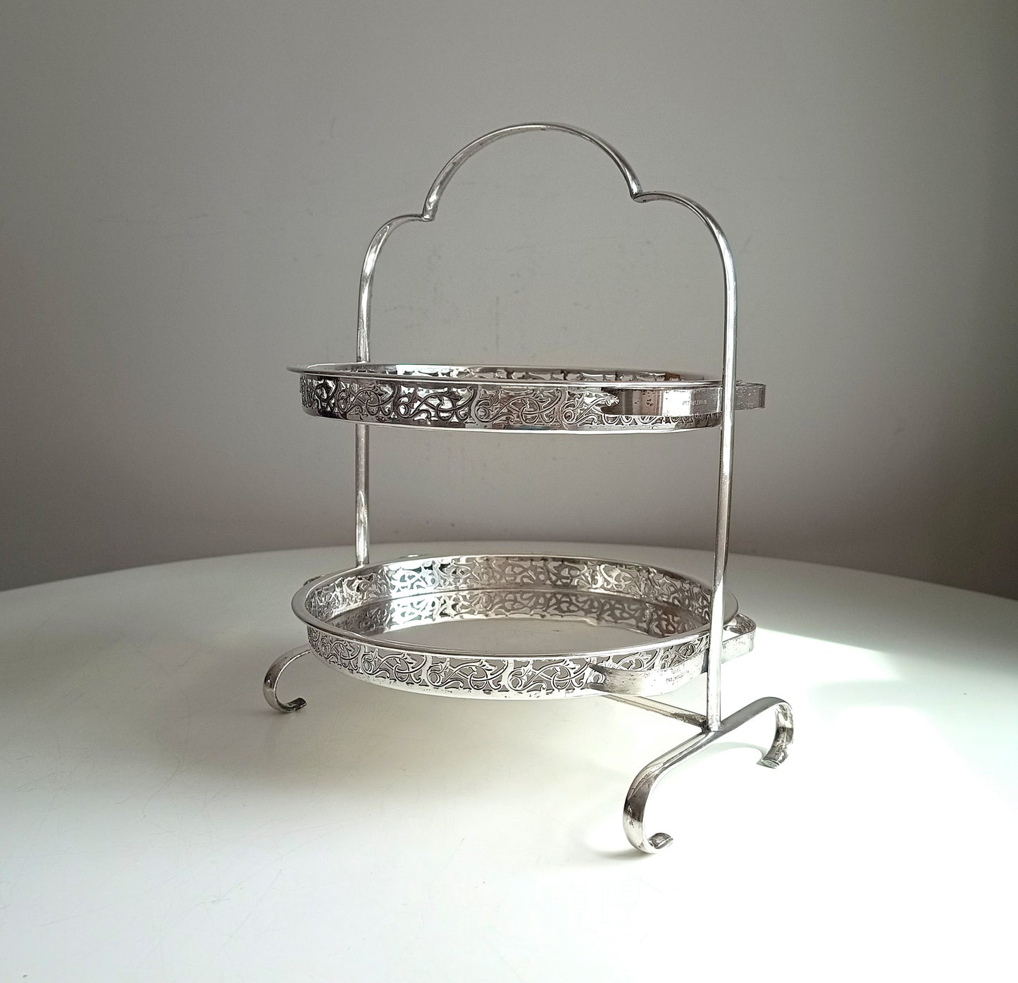 Vintage English Art Deco Silver Plated Cake Stand: Adolph Scott Birmingham, Removable Trays