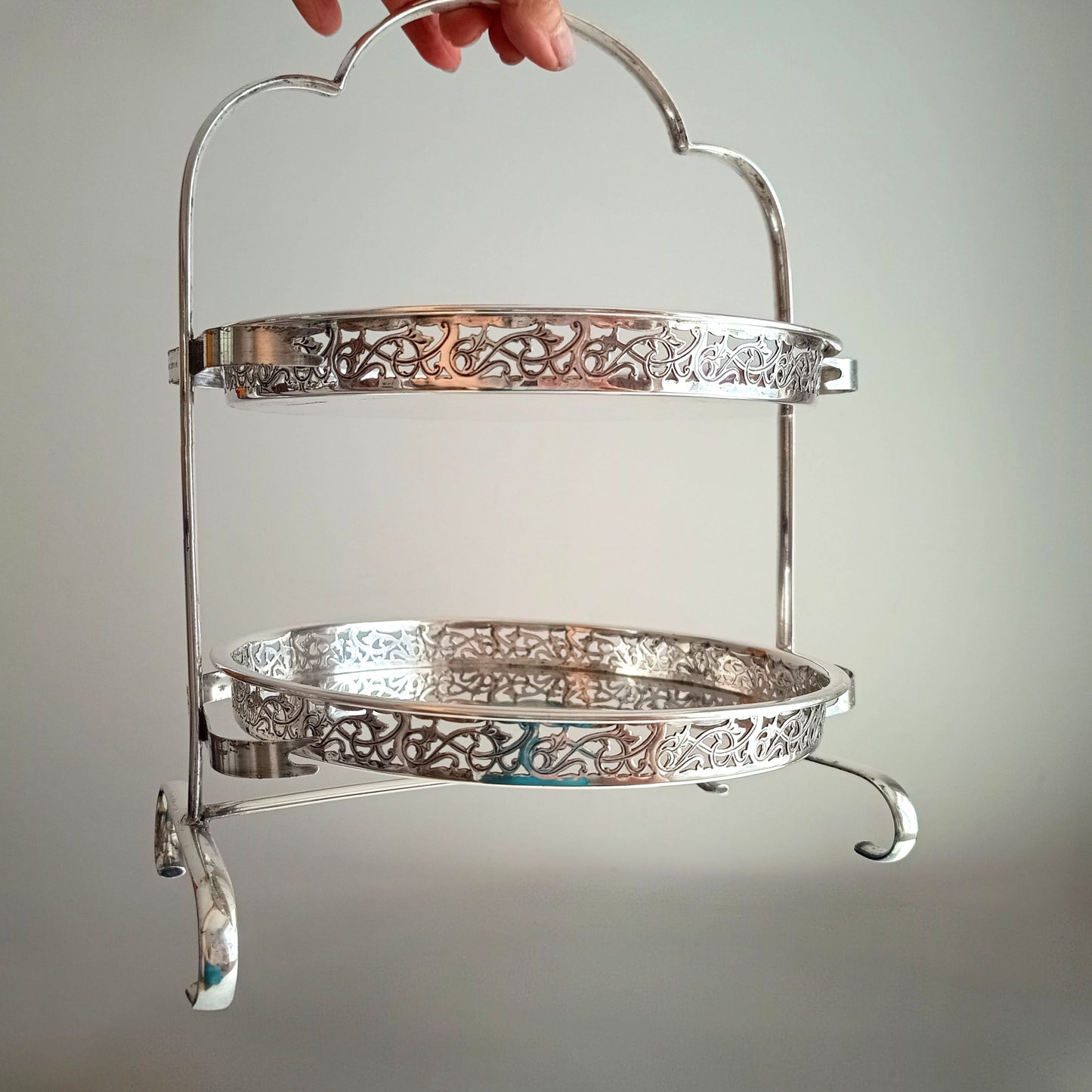 Vintage English Art Deco Silver Plated Cake Stand: Adolph Scott Birmingham, Removable Trays