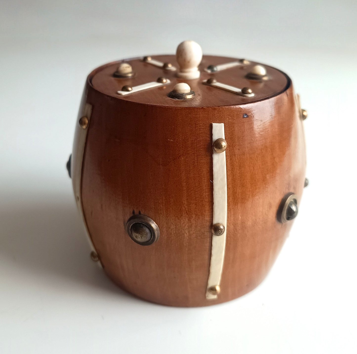 Victorian Maritime Fruitwood Tobacco Jar: Bone Strips, Brass Studs, Sailors Treen Tea Caddy