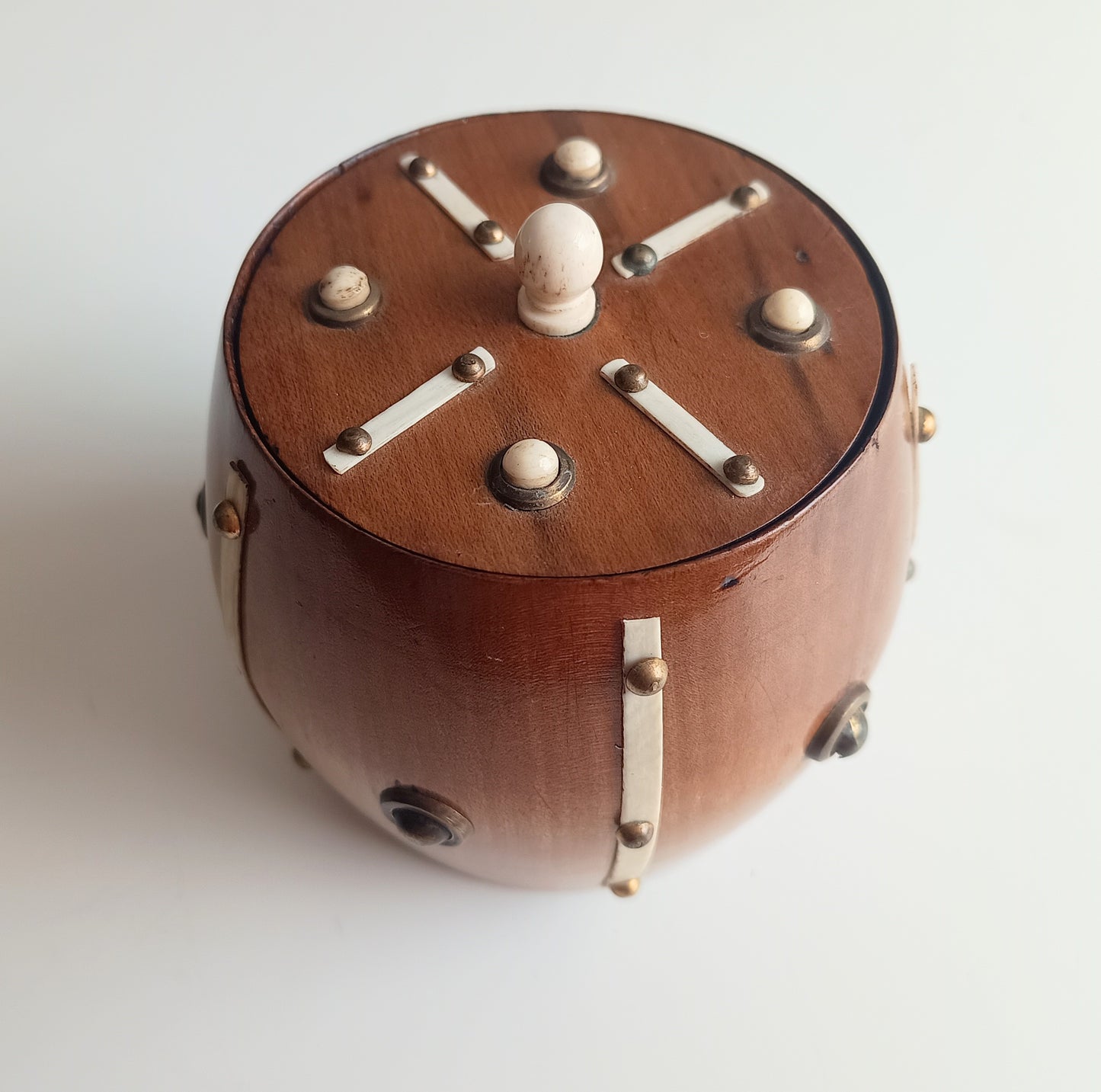 Victorian Maritime Fruitwood Tobacco Jar: Bone Strips, Brass Studs, Sailors Treen Tea Caddy