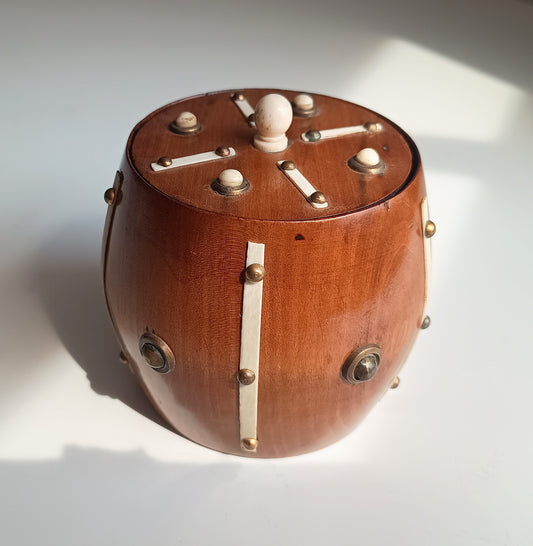 Victorian Maritime Fruitwood Tobacco Jar: Bone Strips, Brass Studs, Sailors Treen Tea Caddy