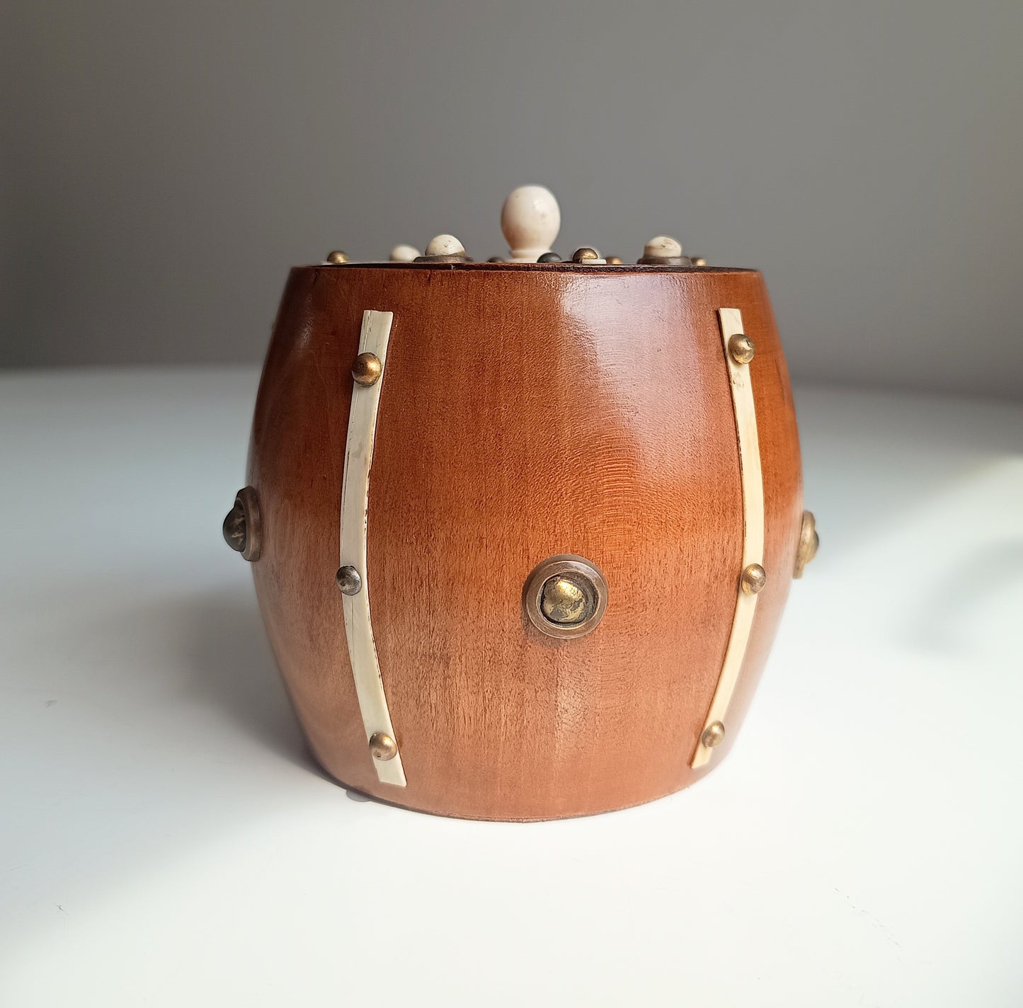Victorian Maritime Fruitwood Tobacco Jar: Bone Strips, Brass Studs, Sailors Treen Tea Caddy