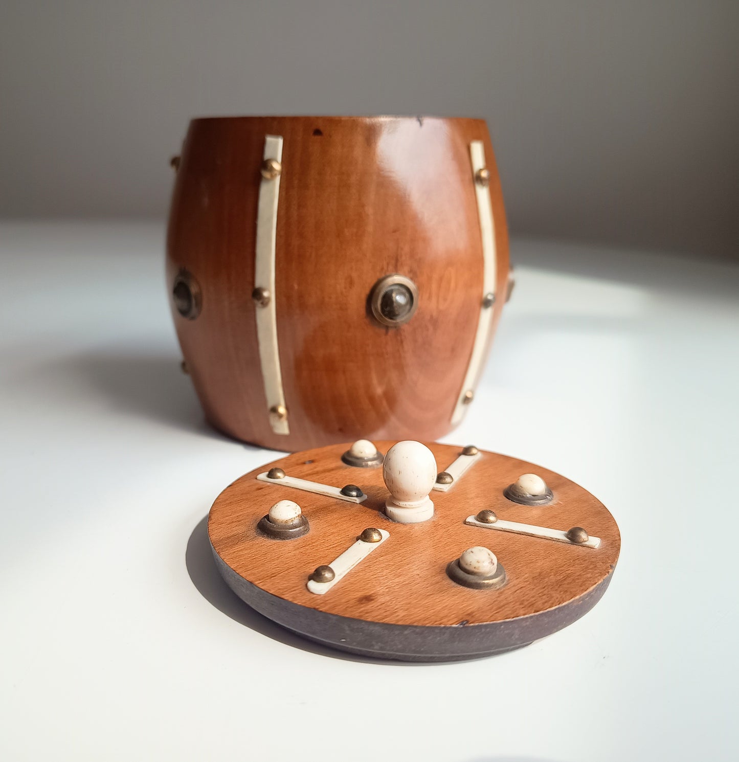 Victorian Maritime Fruitwood Tobacco Jar: Bone Strips, Brass Studs, Sailors Treen Tea Caddy