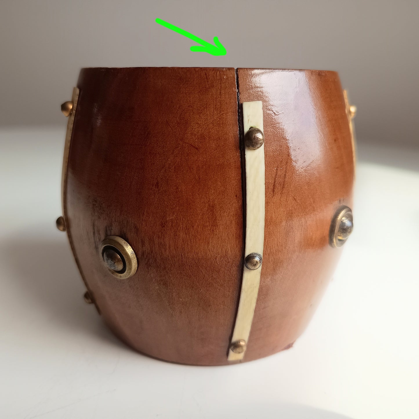 Victorian Maritime Fruitwood Tobacco Jar: Bone Strips, Brass Studs, Sailors Treen Tea Caddy