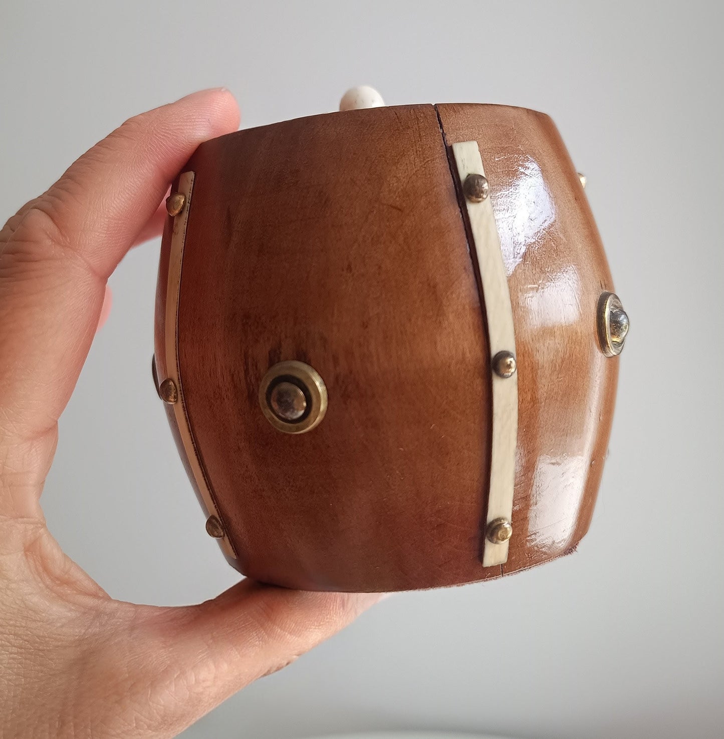 Victorian Maritime Fruitwood Tobacco Jar: Bone Strips, Brass Studs, Sailors Treen Tea Caddy