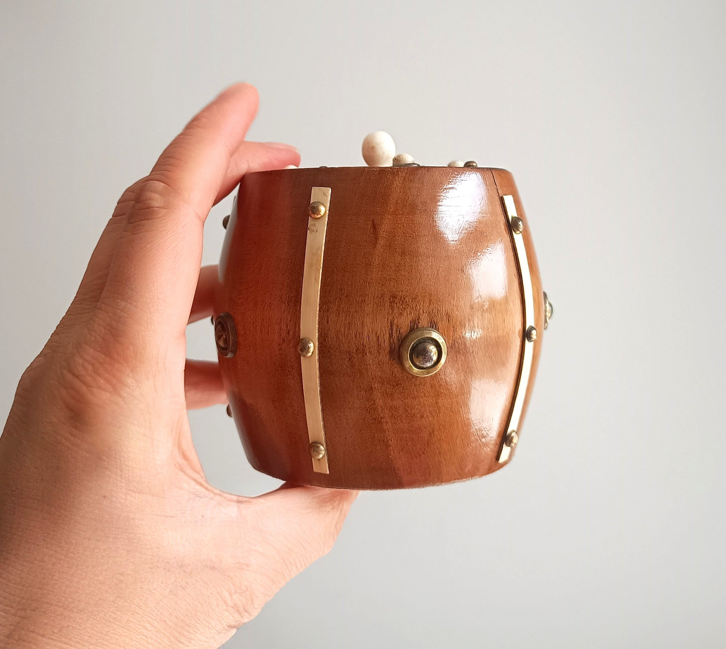 Victorian Maritime Fruitwood Tobacco Jar: Bone Strips, Brass Studs, Sailors Treen Tea Caddy