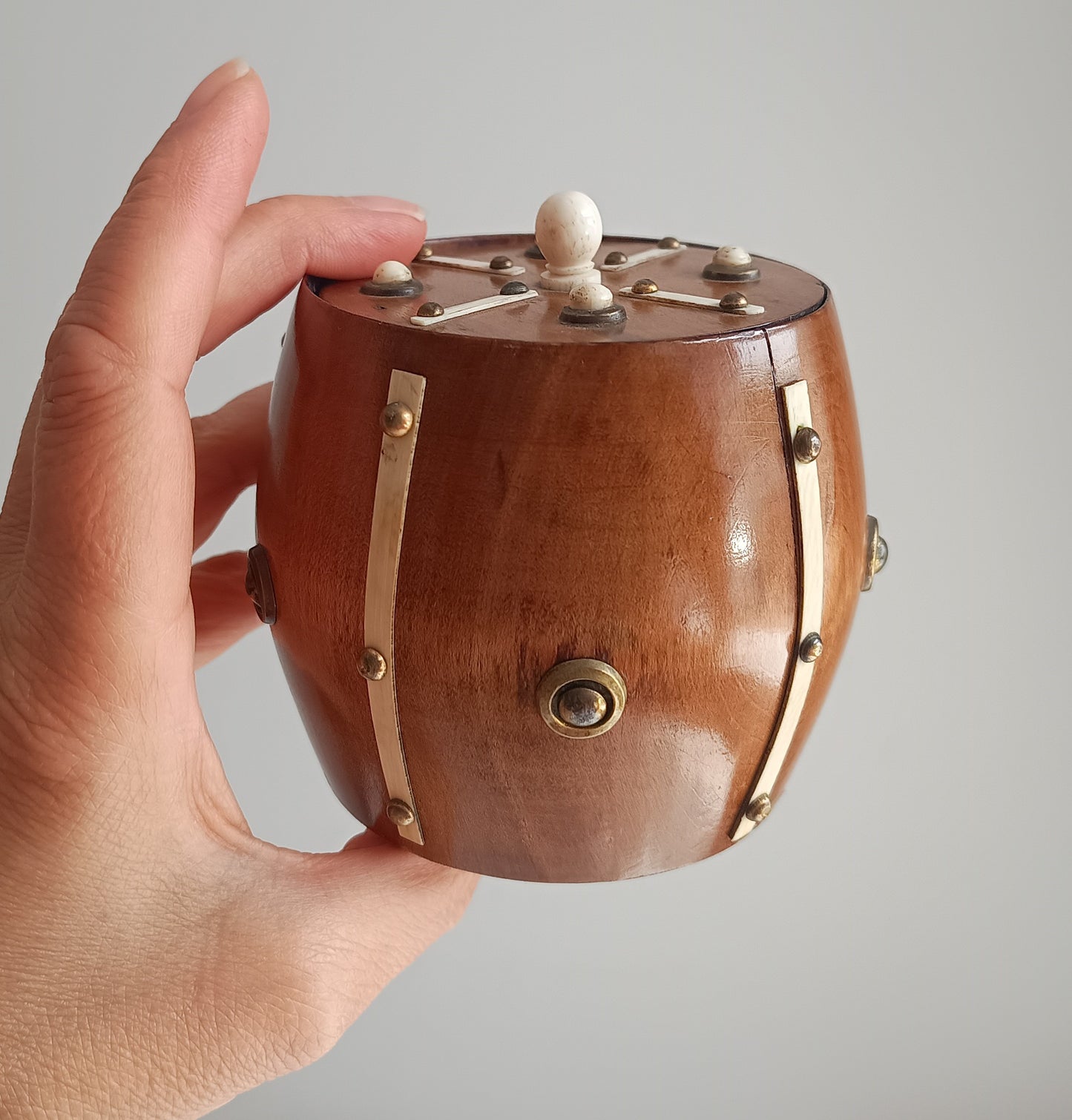 Victorian Maritime Fruitwood Tobacco Jar: Bone Strips, Brass Studs, Sailors Treen Tea Caddy