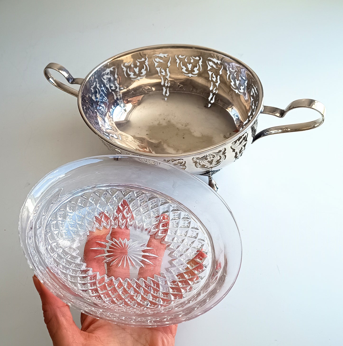 Antique Silver Plate Salad Serving Bowl: Curved Handles, Acanthus Feet, Belle Epoque