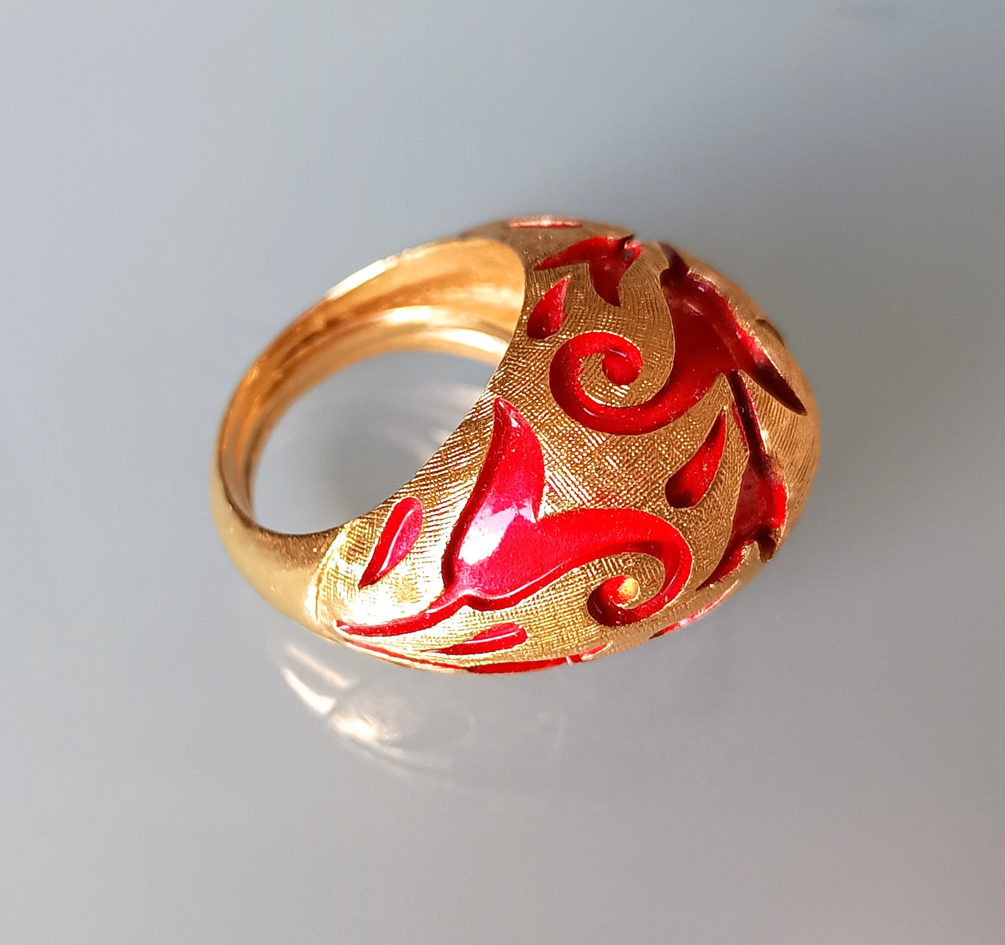Crown Trifari Alfred Philippe Ring: L'Orient Collection Chinouserie Lotus Red Enamel 1967