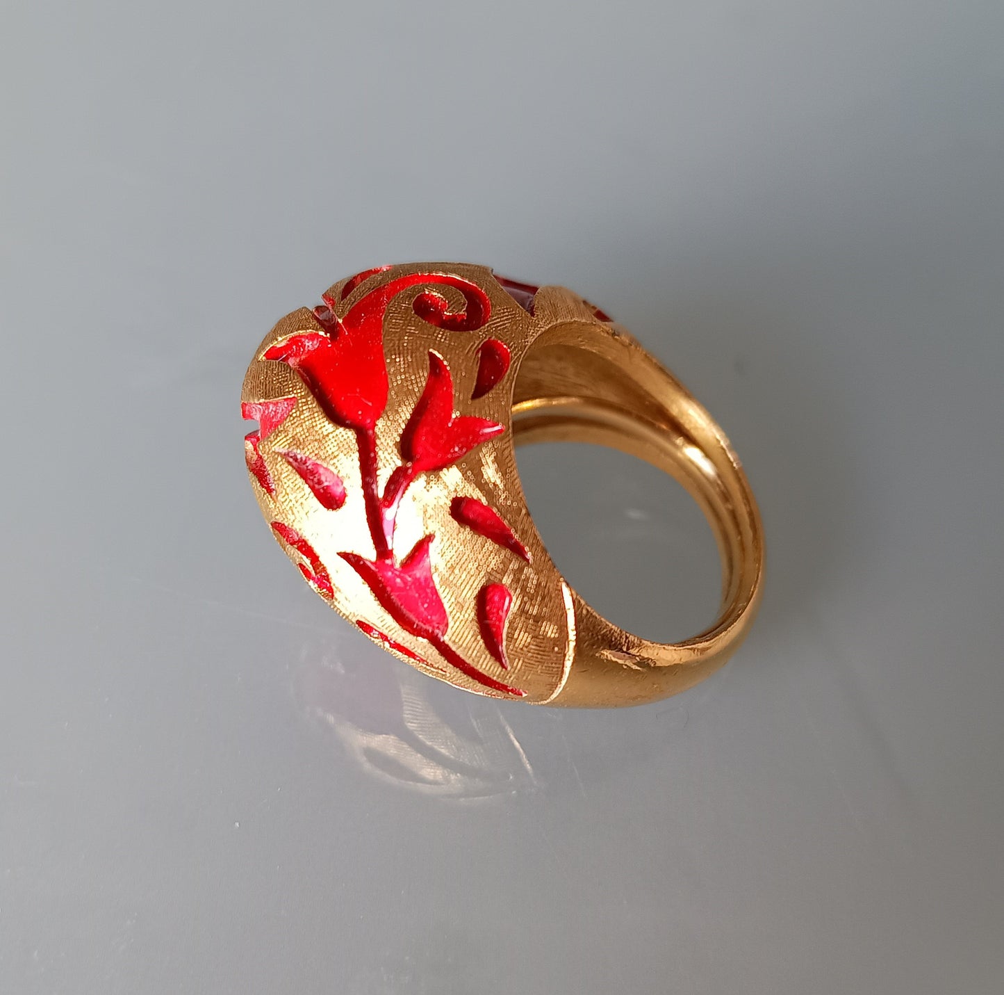 Crown Trifari Alfred Philippe Ring: L'Orient Collection Chinouserie Lotus Red Enamel 1967