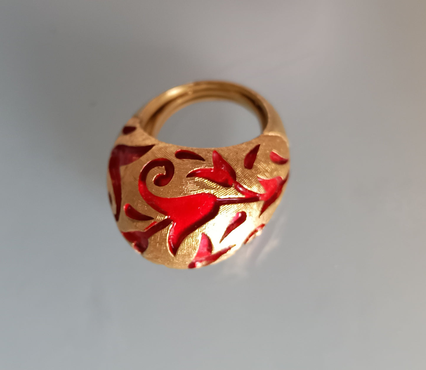 Crown Trifari Alfred Philippe Ring: L'Orient Collection Chinouserie Lotus Red Enamel 1967