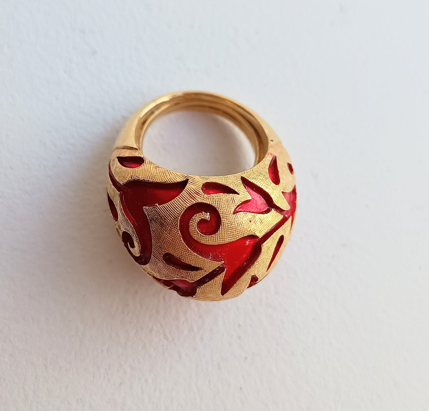 Crown Trifari Alfred Philippe Ring: L'Orient Collection Chinouserie Lotus Red Enamel 1967