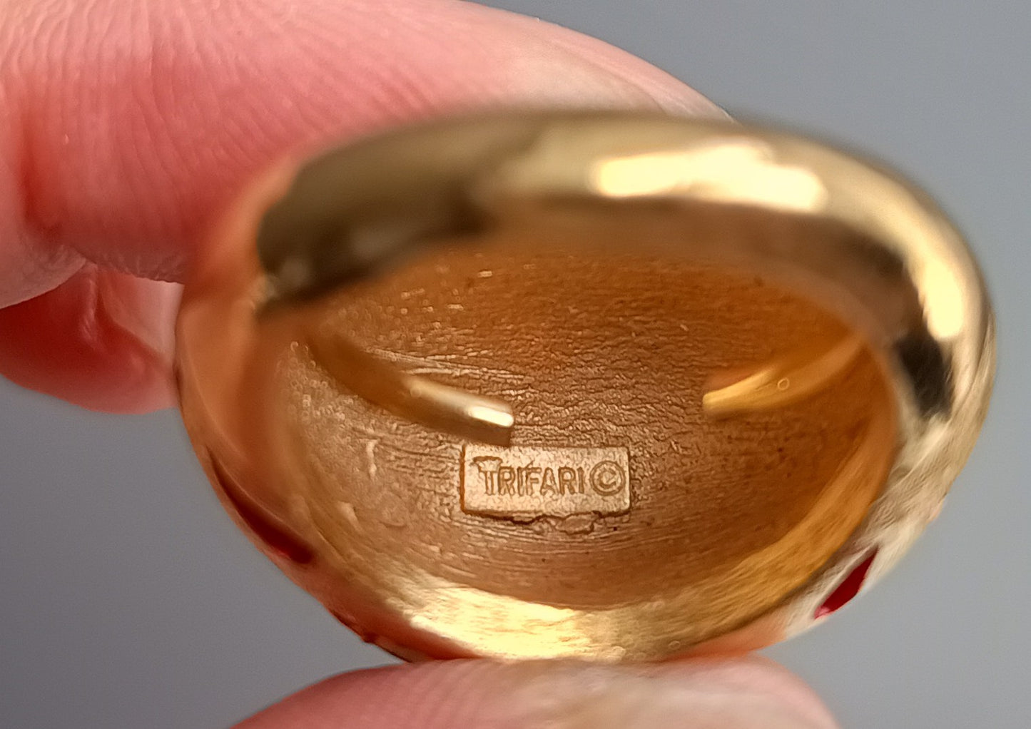Crown Trifari Alfred Philippe Ring: L'Orient Collection Chinouserie Lotus Red Enamel 1967
