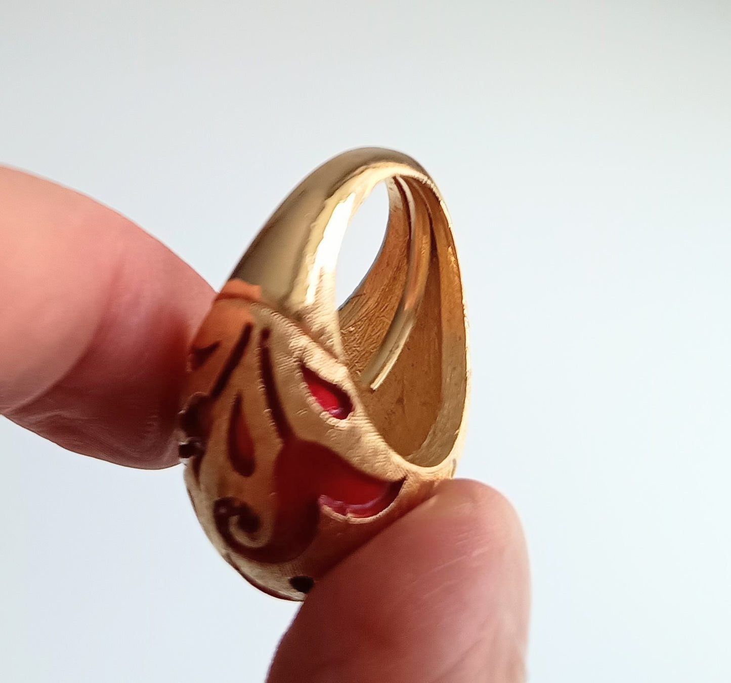 Crown Trifari Alfred Philippe Ring: L'Orient Collection Chinouserie Lotus Red Enamel 1967