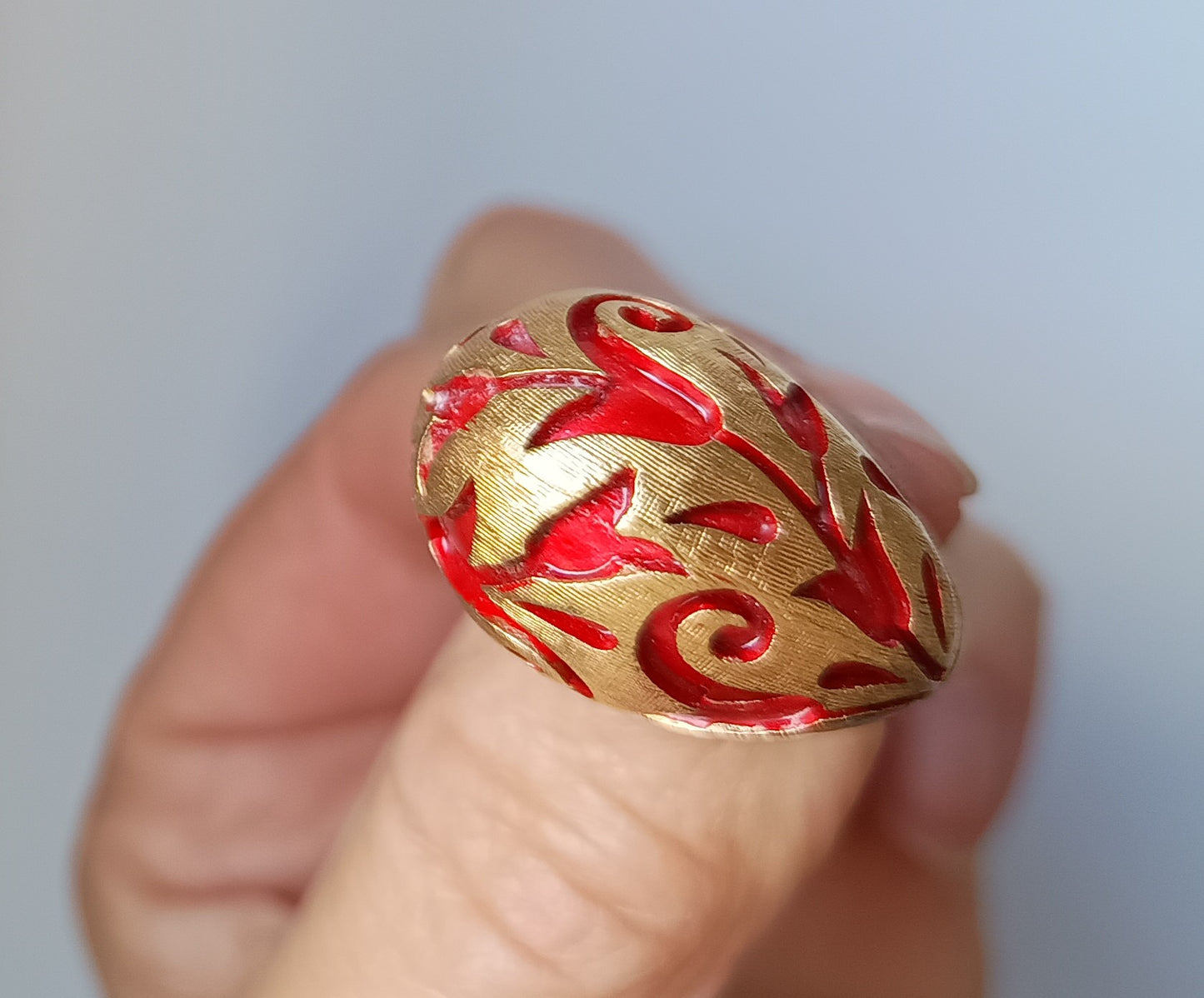 Crown Trifari Alfred Philippe Ring: L'Orient Collection Chinouserie Lotus Red Enamel 1967