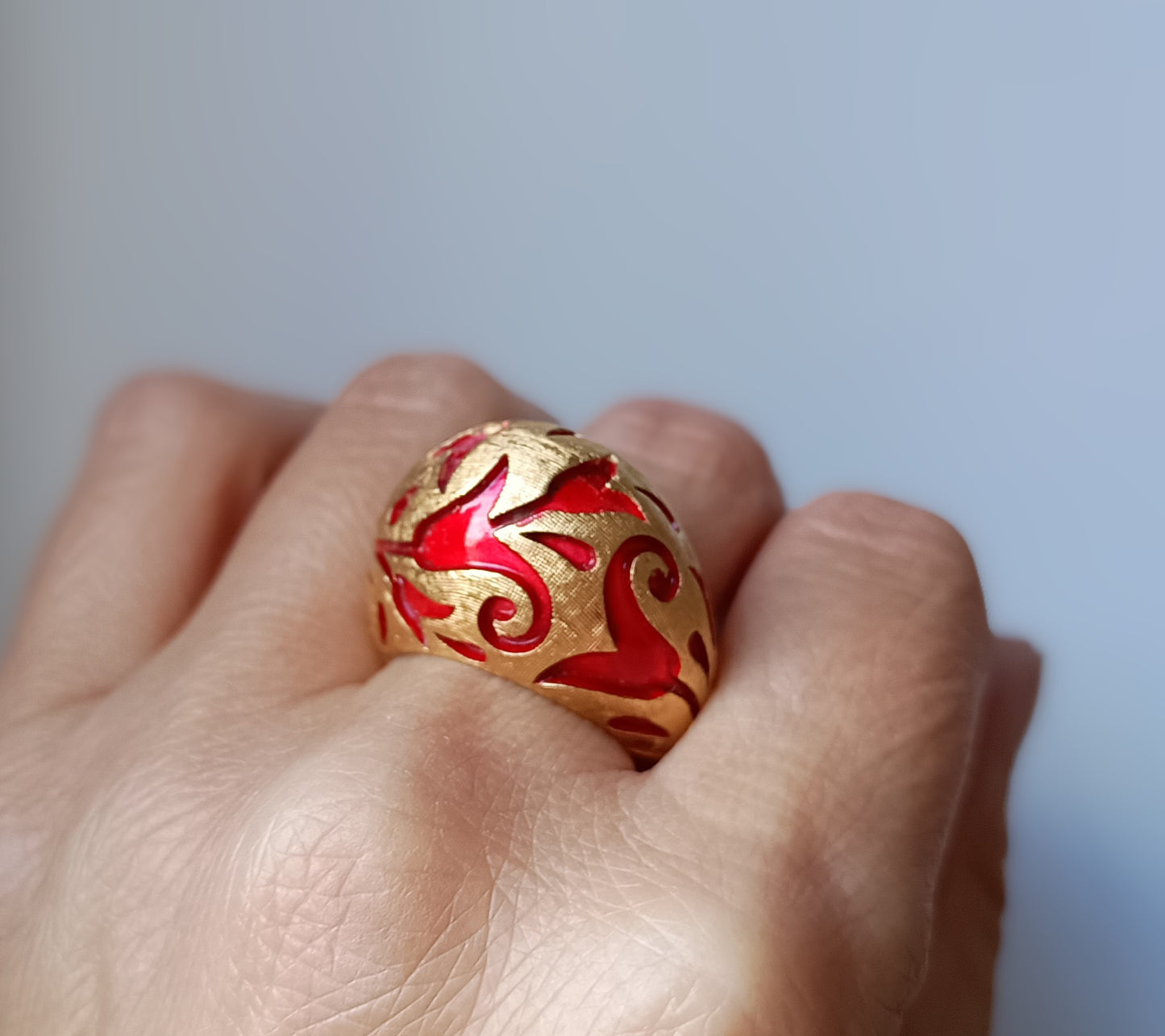 Crown Trifari Alfred Philippe Ring: L'Orient Collection Chinouserie Lotus Red Enamel 1967