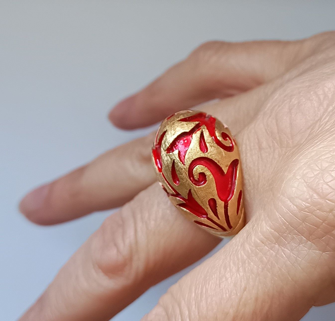 Crown Trifari Alfred Philippe Ring: L'Orient Collection Chinouserie Lotus Red Enamel 1967