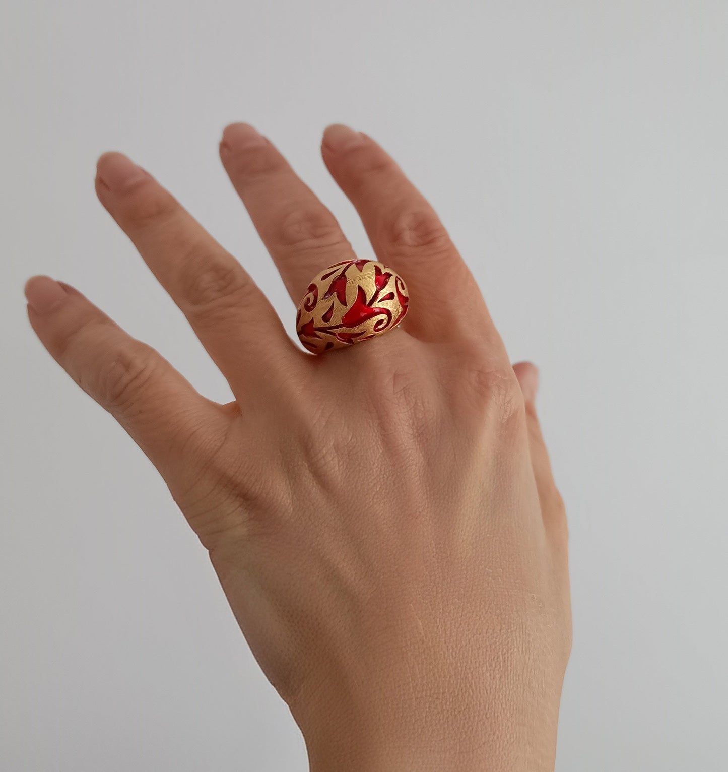Crown Trifari Alfred Philippe Ring: L'Orient Collection Chinouserie Lotus Red Enamel 1967