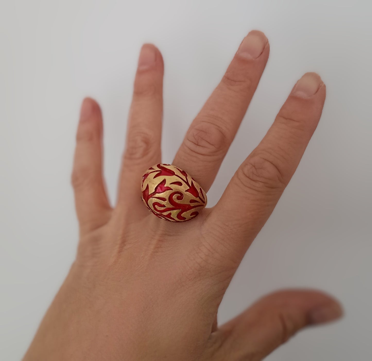 Crown Trifari Alfred Philippe Ring: L'Orient Collection Chinouserie Lotus Red Enamel 1967