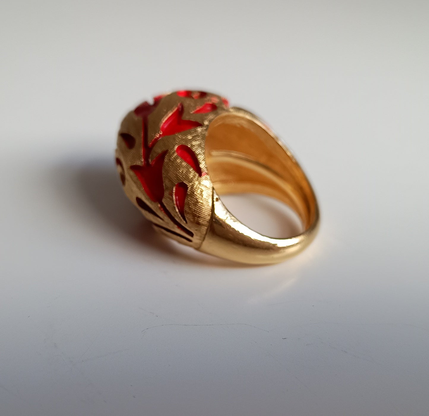Crown Trifari Alfred Philippe Ring: L'Orient Collection Chinouserie Lotus Red Enamel 1967