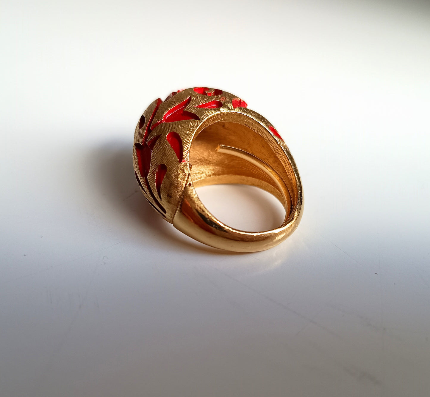 Crown Trifari Alfred Philippe Ring: L'Orient Collection Chinouserie Lotus Red Enamel 1967