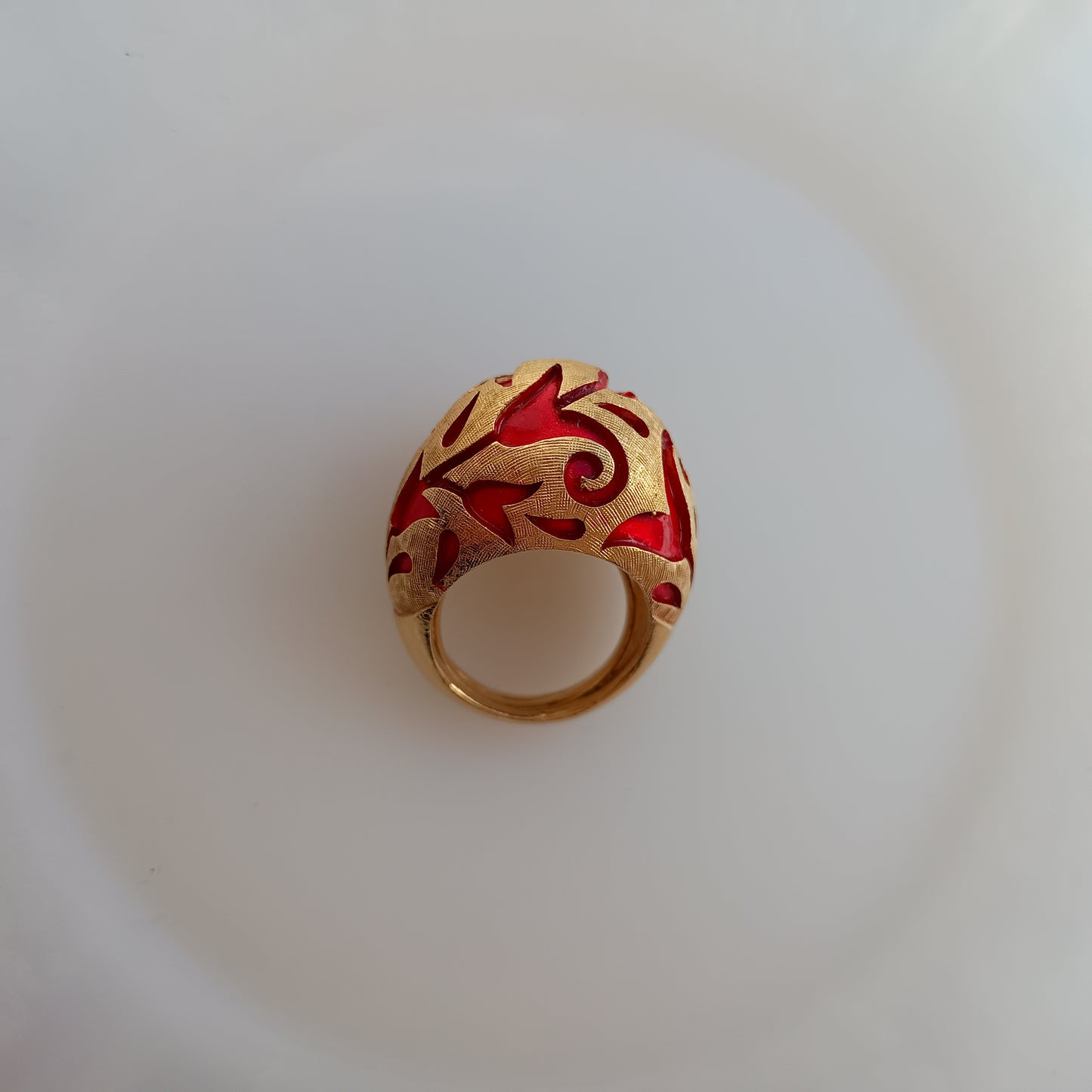 Crown Trifari Alfred Philippe Ring: L'Orient Collection Chinouserie Lotus Red Enamel 1967