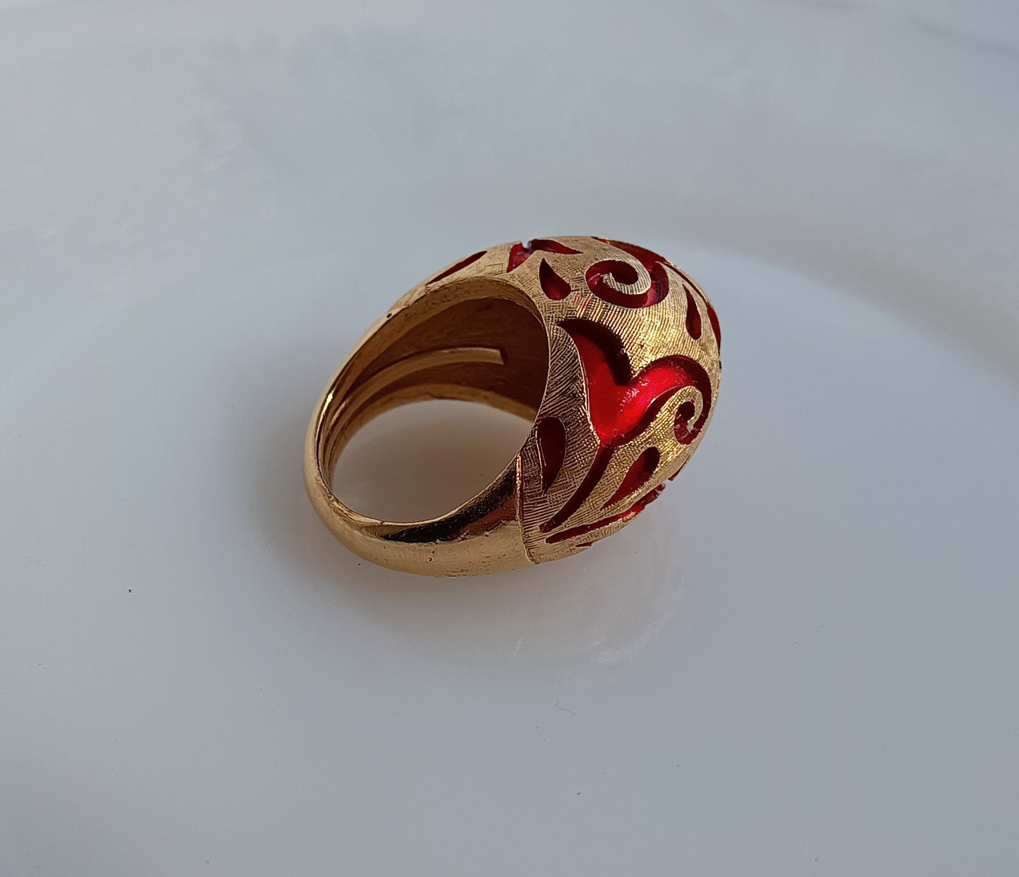 Crown Trifari Alfred Philippe Ring: L'Orient Collection Chinouserie Lotus Red Enamel 1967