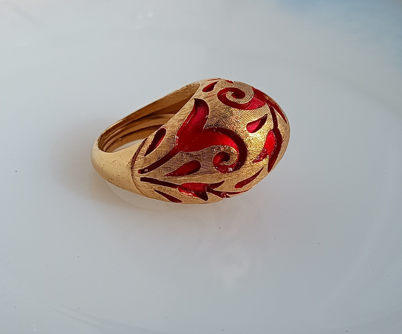 Crown Trifari Alfred Philippe Ring: L'Orient Collection Chinouserie Lotus Red Enamel 1967