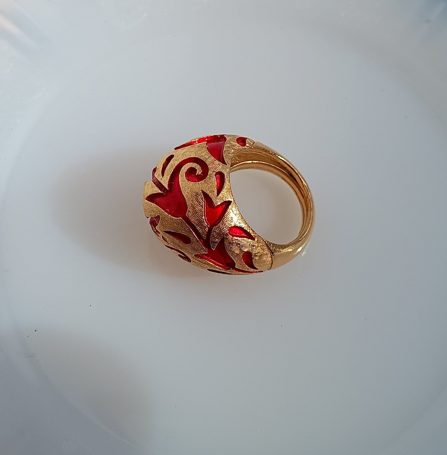 Crown Trifari Alfred Philippe Ring: L'Orient Collection Chinouserie Lotus Red Enamel 1967