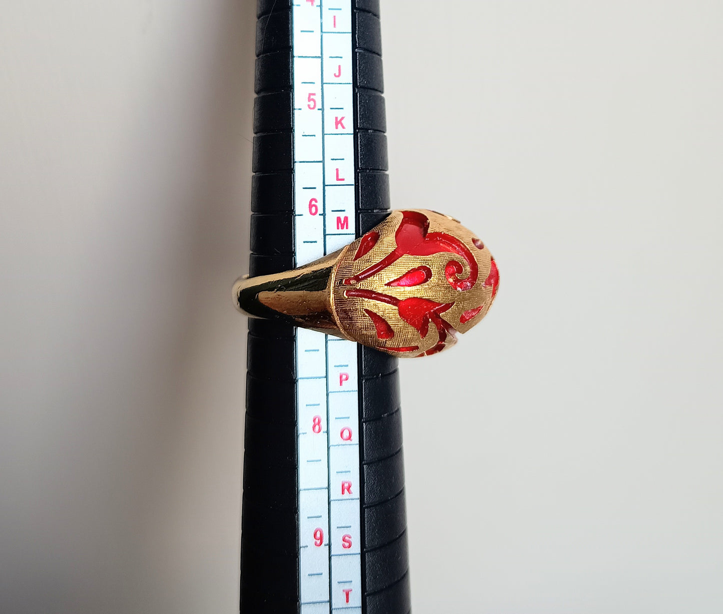 Crown Trifari Alfred Philippe Ring: L'Orient Collection Chinouserie Lotus Red Enamel 1967