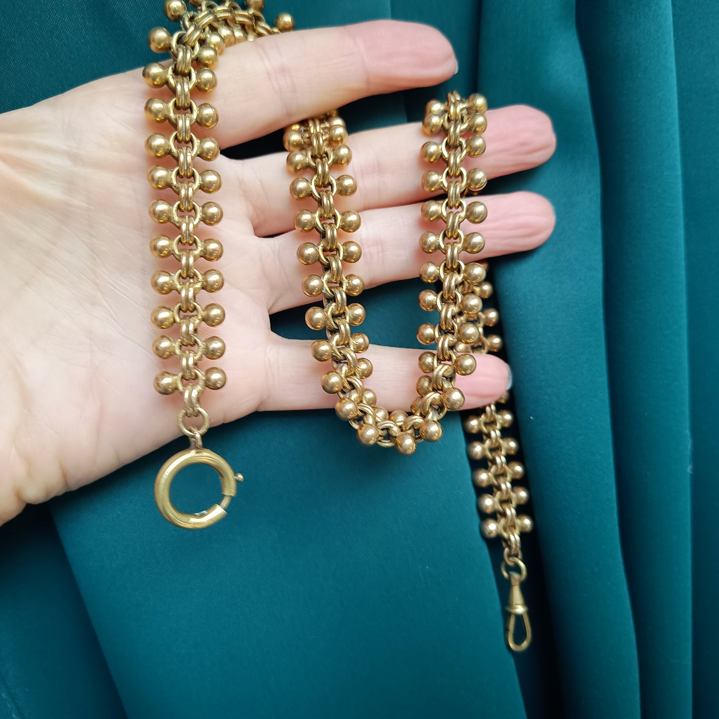 Antique High Victorian Etruscan Revival Necklace: Dog Clip, Fancy Watch Chain, 19th cent