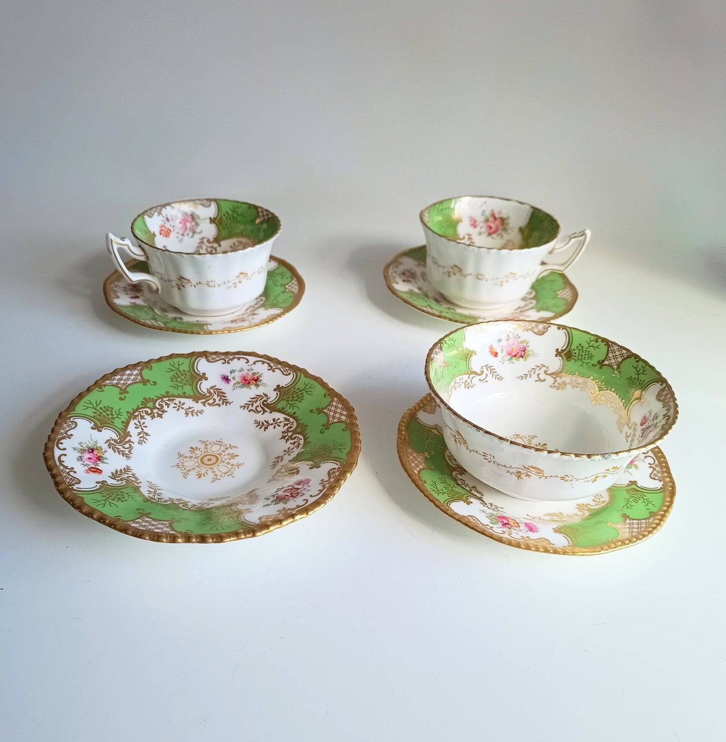 Antique Victorian English Batwing Coalport Part Tea Set for 2: Hand-painted Apple Green, 1890s
