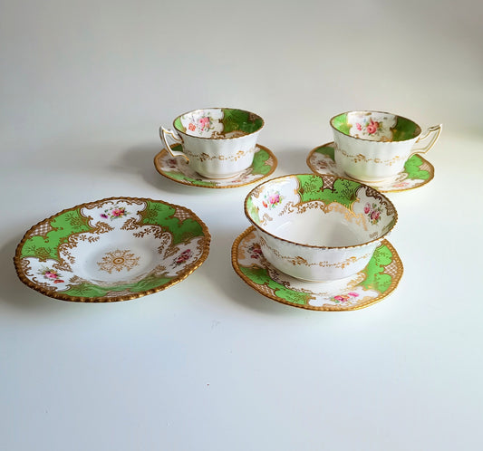Antique Victorian English Batwing Coalport Part Tea Set for 2: Hand-painted Apple Green, 1890s