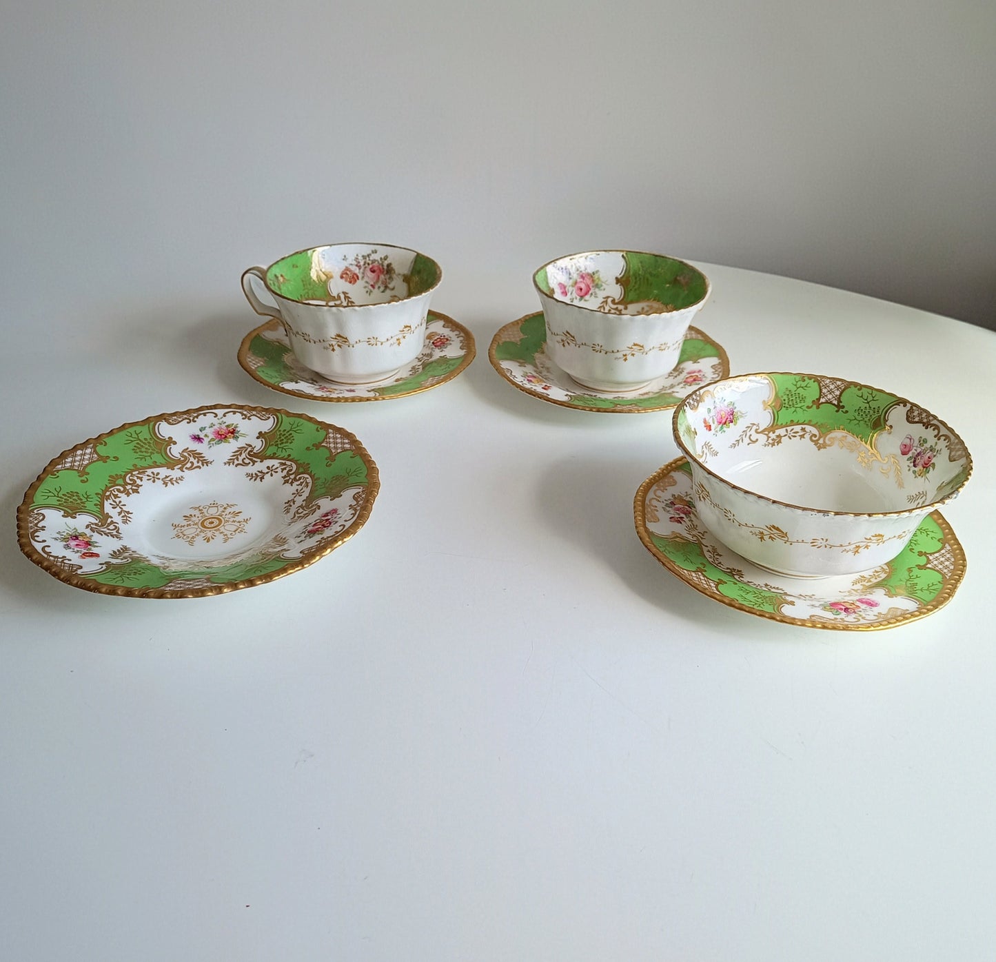 Antique Victorian English Batwing Coalport Part Tea Set for 2: Hand-painted Apple Green, 1890s