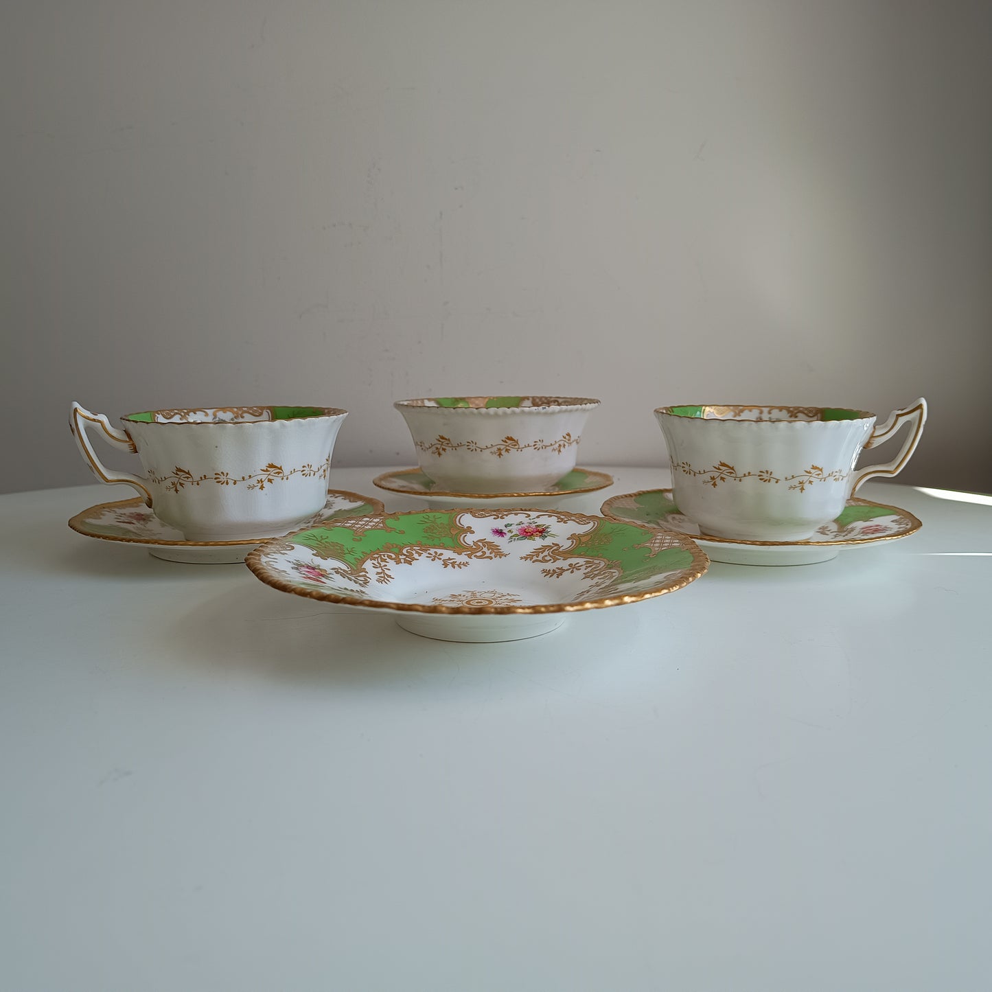 Antique Victorian English Batwing Coalport Part Tea Set for 2: Hand-painted Apple Green, 1890s