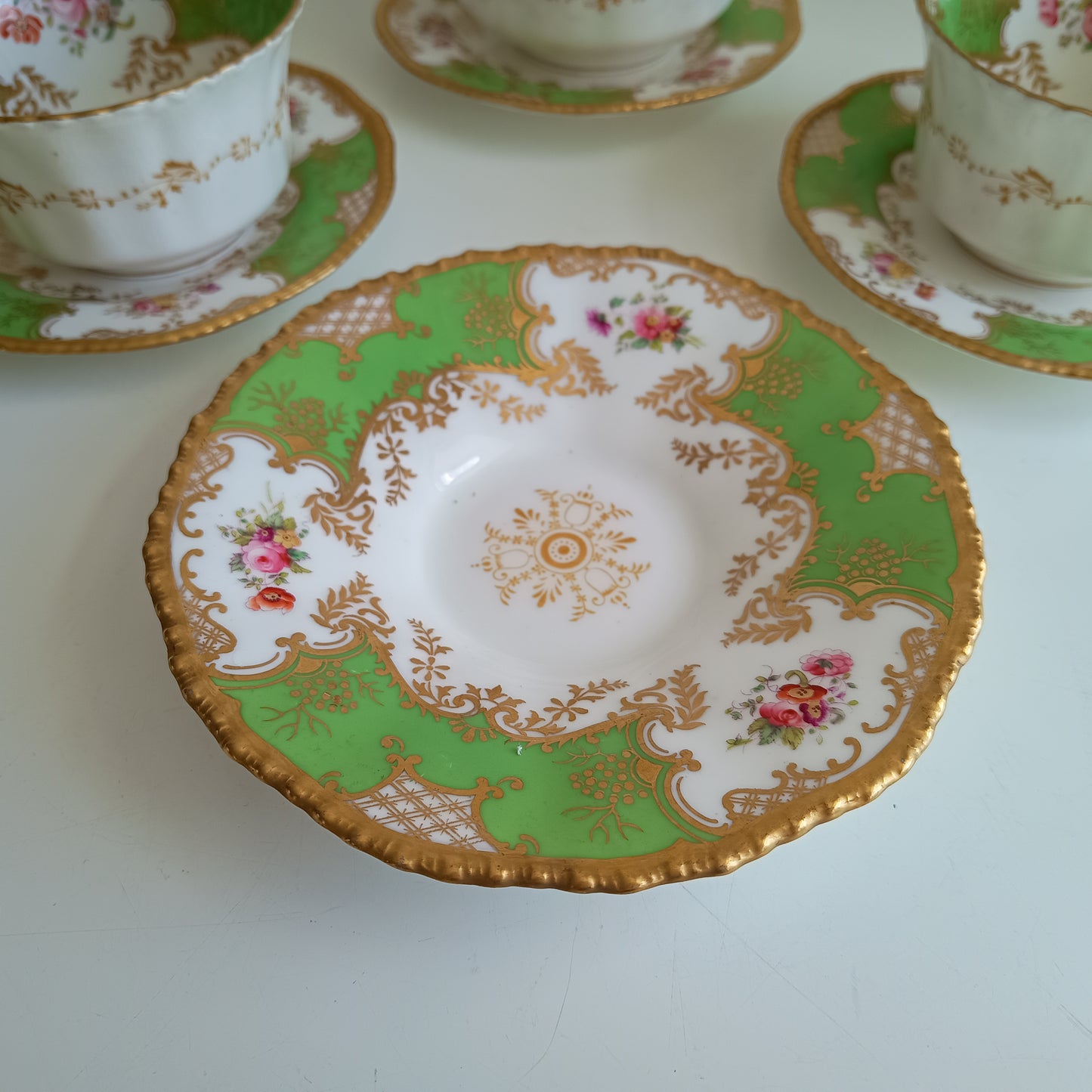 Antique Victorian English Batwing Coalport Part Tea Set for 2: Hand-painted Apple Green, 1890s