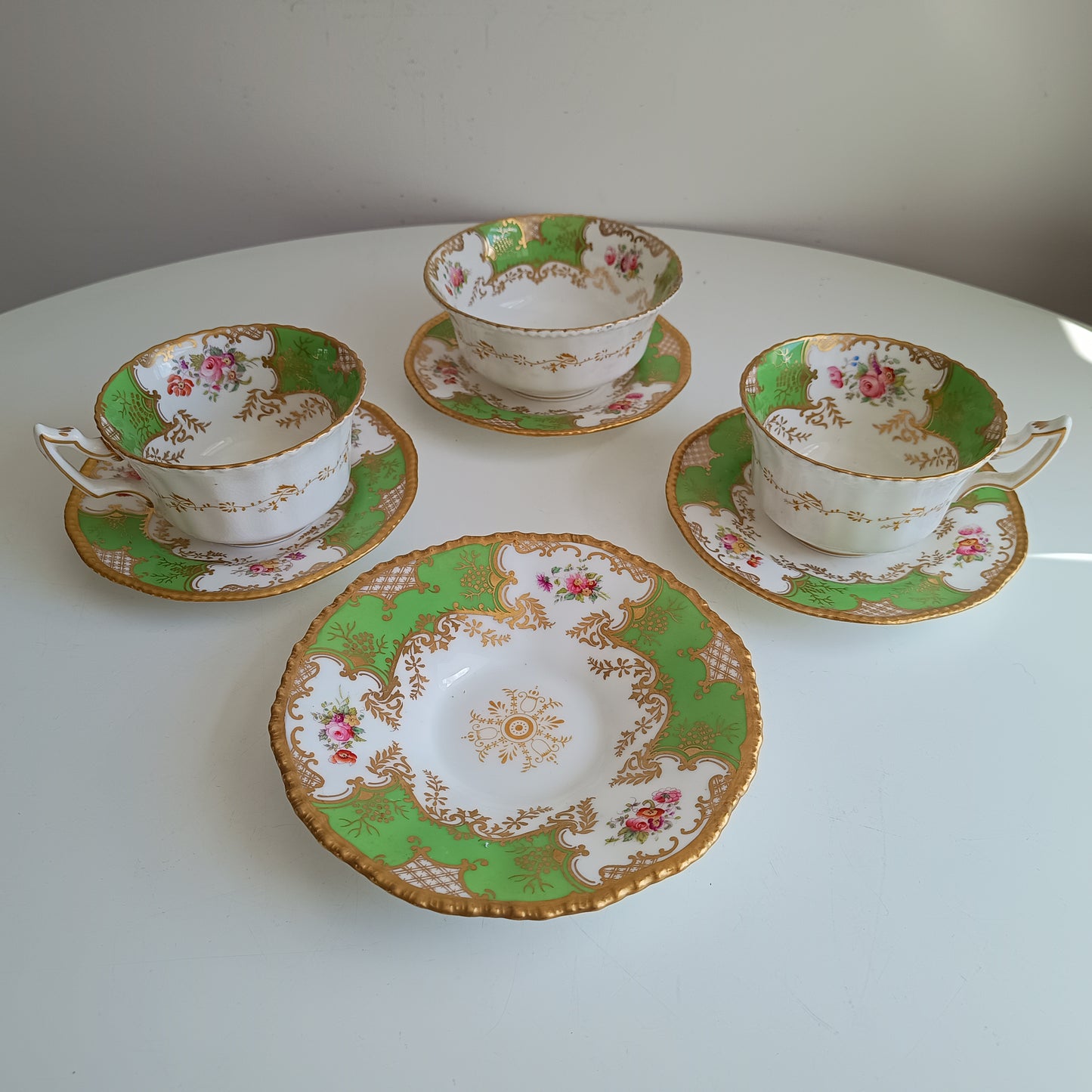 Antique Victorian English Batwing Coalport Part Tea Set for 2: Hand-painted Apple Green, 1890s