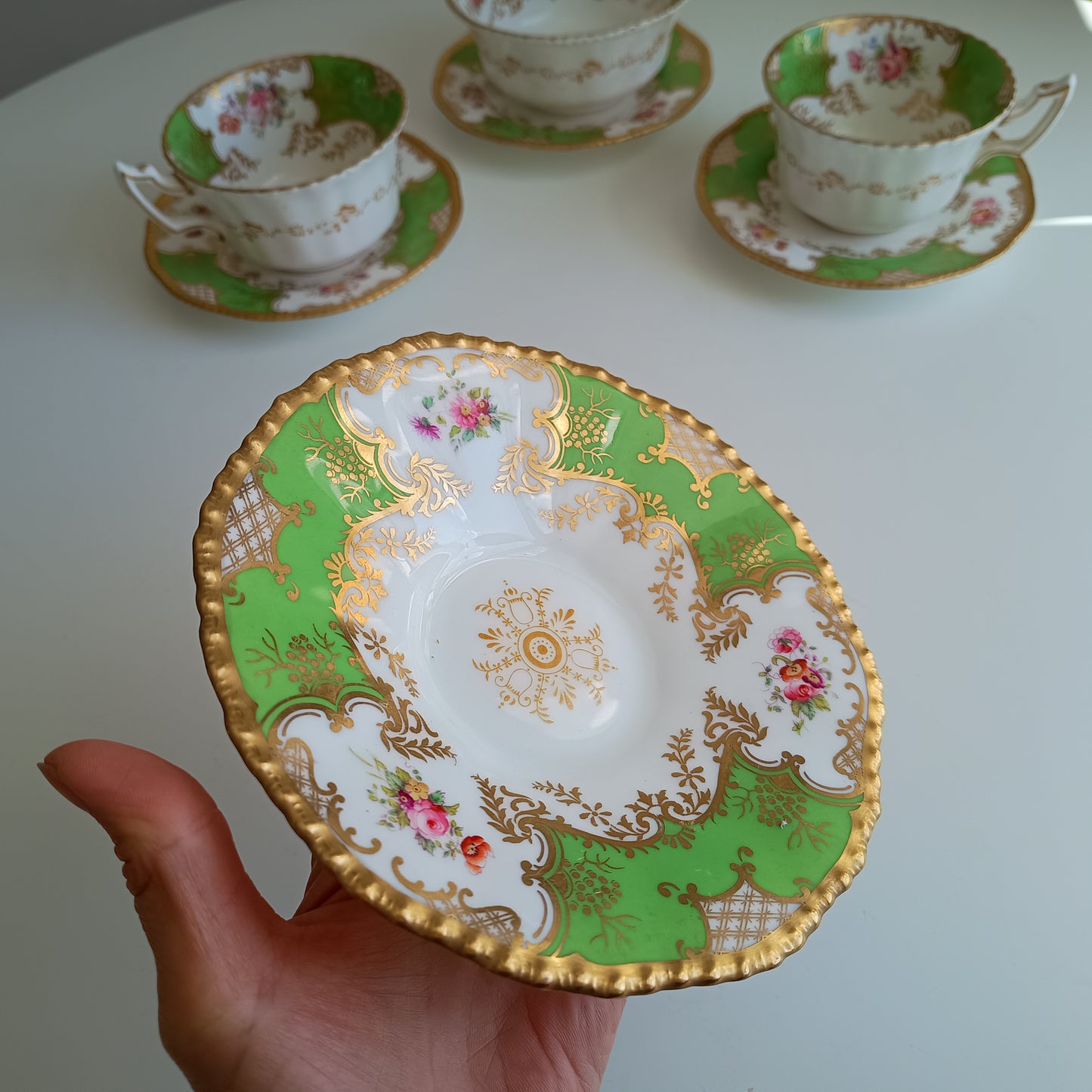 Antique Victorian English Batwing Coalport Part Tea Set for 2: Hand-painted Apple Green, 1890s