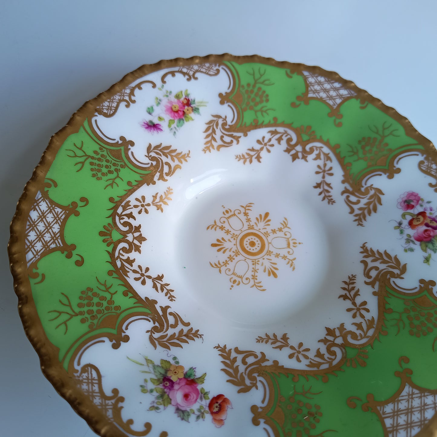 Antique Victorian English Batwing Coalport Part Tea Set for 2: Hand-painted Apple Green, 1890s