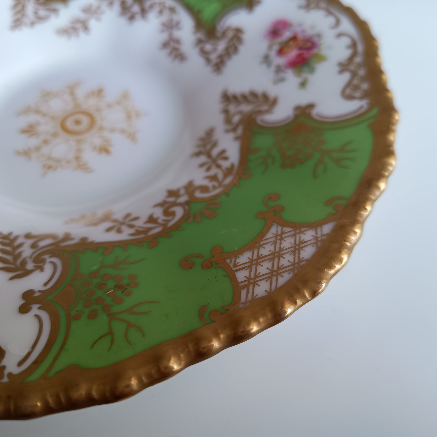 Antique Victorian English Batwing Coalport Part Tea Set for 2: Hand-painted Apple Green, 1890s